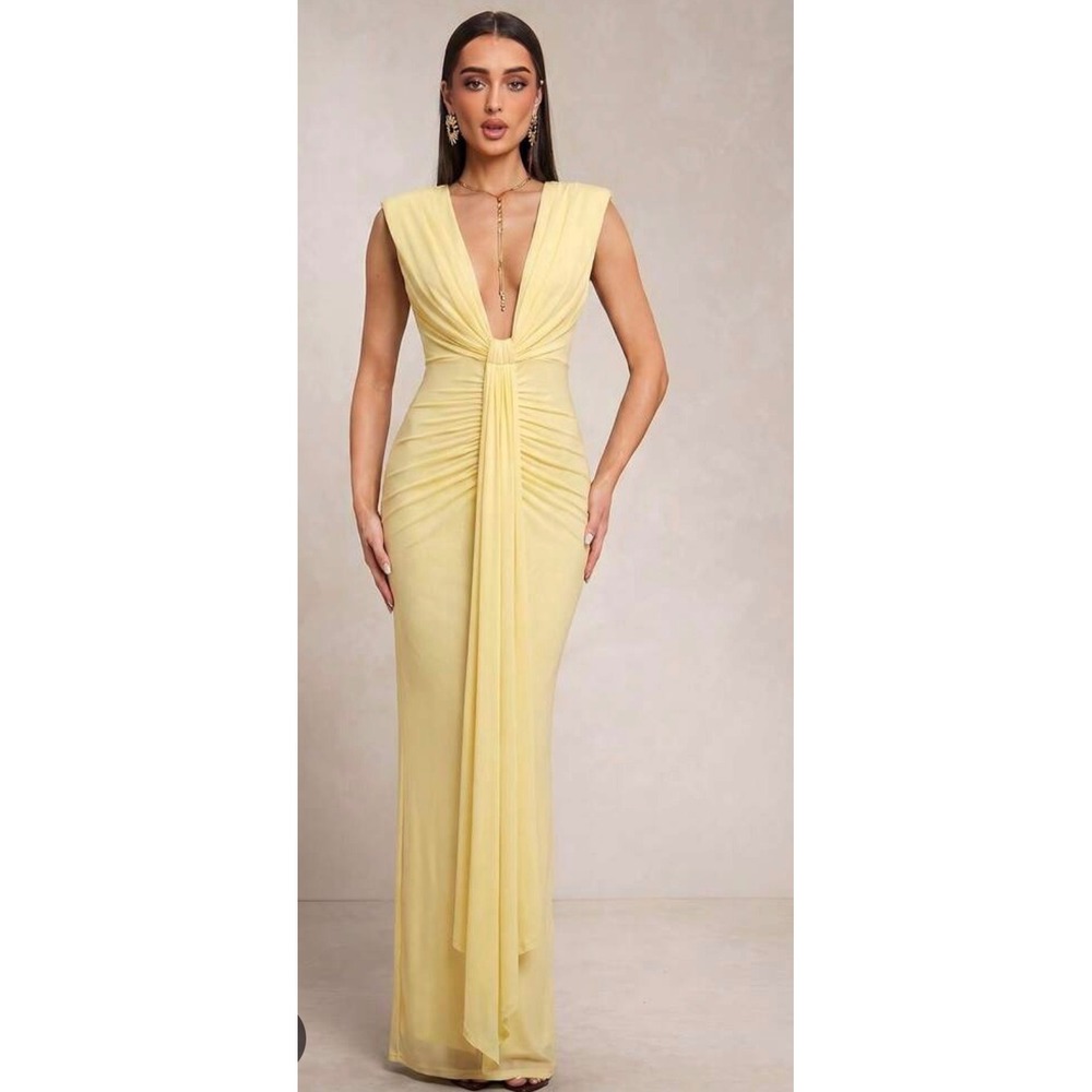 Pale Yellow Sleeveless Knot Front Ruched Back Draped Maxi Dress Cocktail Party